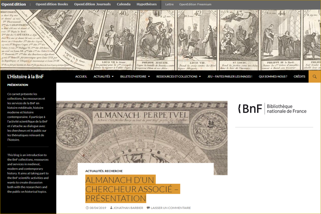 Copie d'écran site Hypothèses.org // Carnet L'Histoire à La BNF